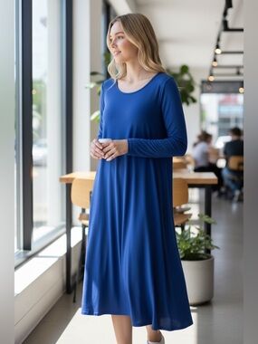 EILEEN FISHER Knit Dress Royal Blue‎ Stretchy A Line Minimalist Classic, Size M